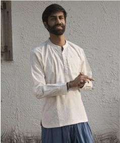 Undyed Organic Cotton Long Sleeve Kurta for Men, Khari Print
