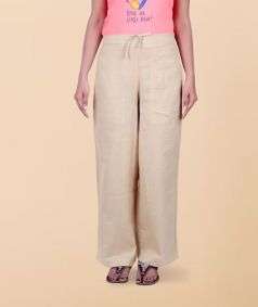 Beige Organic Cotton Relaxed Fit Pants for Women