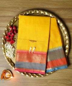 Yellow Devi Consecrated Cotton Saree with Red and Blue Border