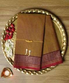 Brown Devi Consecrated Cotton Saree with Maroon Peacock Border