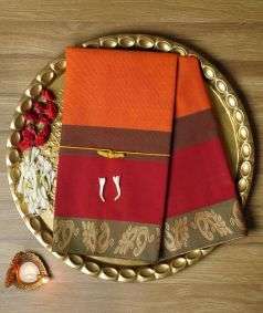 Orange Devi Consecrated Cotton Saree with Brown and Maroon Border