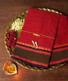 Red Devi Consecrated Cotton Saree with Olive Green and Yellow Temple Border