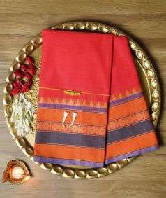 Red Devi Consecrated Cotton Saree with Orange Purple Border