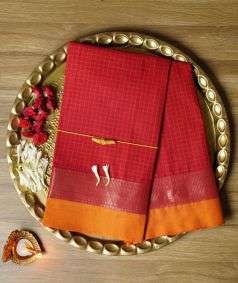 Red Devi Consecrated Cotton Saree with Orange Silver Border
