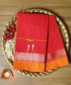Light Red Devi Consecrated Cotton Saree with Orange Silver Border