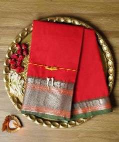 Red Devi Consecrated Cotton Saree with Silver Border