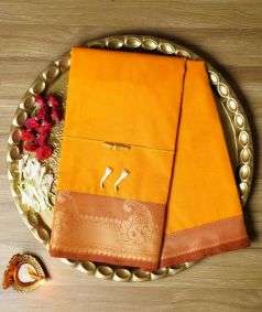Orange Devi Consecrated Cotton Saree with Brown Border