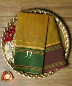 Mustard Devi Consecrated Cotton Saree with Green and Maroon Border