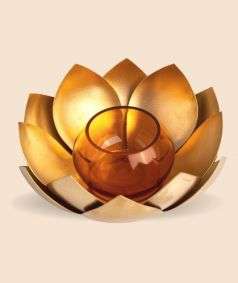 Brass Finish Lotus Tea Light Holder - Orange